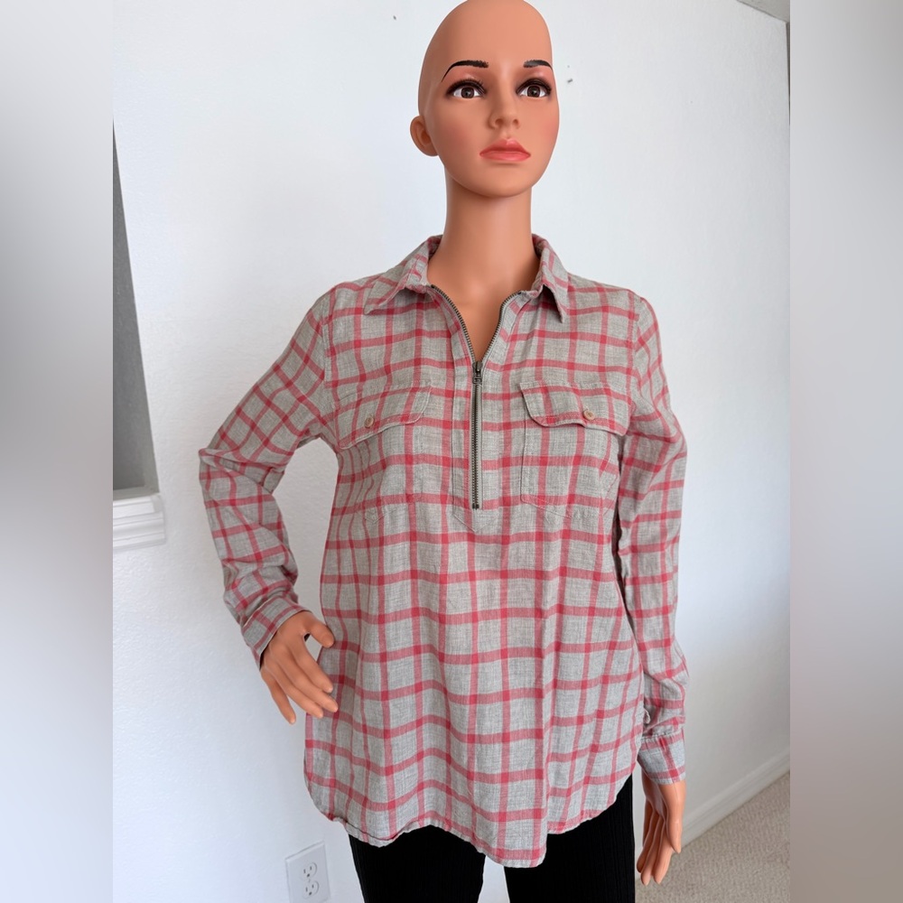 Bass Pink and Cream Plaid Zip-Front Blouse